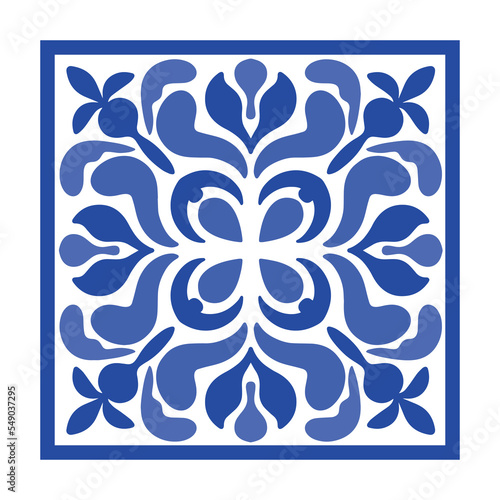 Vector Portuguese pottery tile with ceramic floral ornament. Vintage blue Portugal azulejo, Mexican talavera, Italian majolica, Arabesque motif or spanish ceramic Mosaic