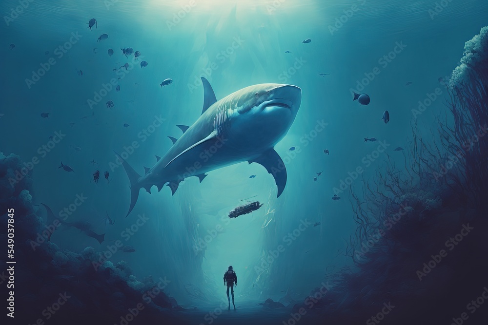 Scuba diver confront with giant shark. Megalodon, Fantasy scenery