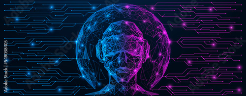 Man wearing virtual reality glasses in the center of the metaverse. Coming from the sphere of the track of the printed circuit board. Polygonal design of lines and dots.