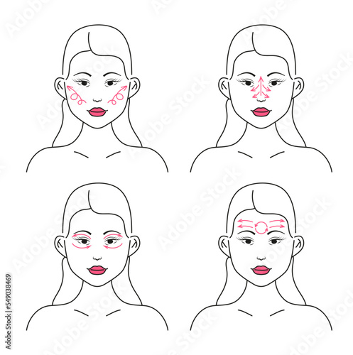 Line massage on the face. Facial massage. Facial skin care at home, infographic vector set.