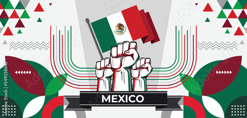 Mexico national day banner with Mexican flag colors theme background and geometric abstract retro modern green red white design. Mexico people. Sports Games Supporters Vector Illustration.