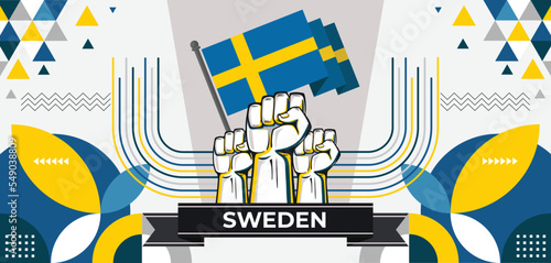 Sweden national day banner with Scandinavian flag colors theme background and geometric abstract retro modern blue yellow design. Swedish people. Sports Games Supporters Vector Illustration.