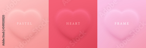 Set of pastel red and pink soft 3D heart shape badge frame design. Collection of geometric backdrop for cosmetic product display. Elements for valentine day festival. Top view. Vector illustration