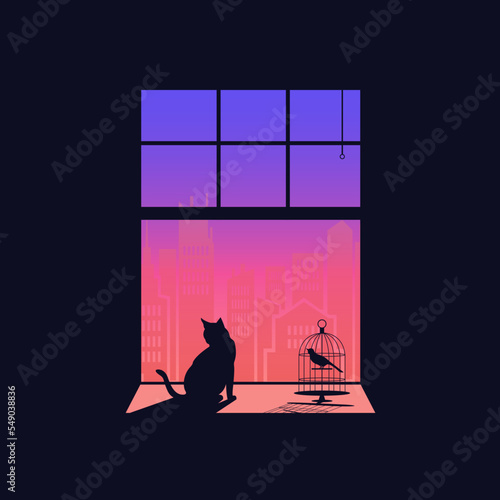 Creative concept vector illustration cat is sitting on the windowsill next to window watching the sunlight sunshine dusk dawn.