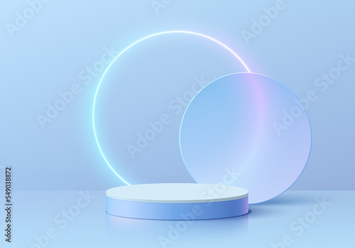 Abstract blue 3D background with realistic cylinder pedestal podium, neon light round circles overlap. Futuristic Minimal wall scene mockup product display. Vector geometric forms. Stage for showcase.