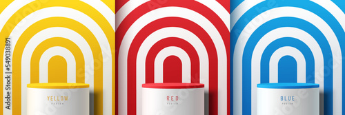 Set of yellow, red, blue, white round arch pattern background with white cylinder stand podium. Minimal wall scene mockup product display. Abstract vector geometric forms. Round stage for showcase.