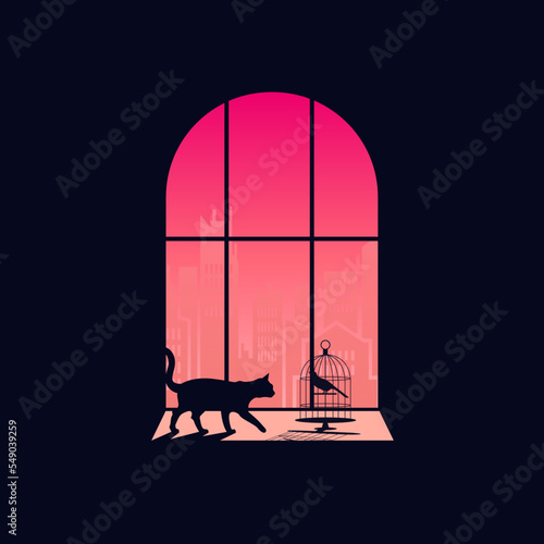 Creative concept vector illustration cat is sitting on the windowsill next to window watching the sunlight sunshine dusk dawn.