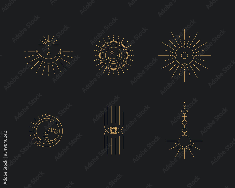 Set of moon and sun line art. Minimal boho linear symbols. Celestial ...