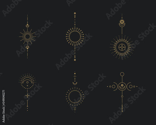 Set of moon and sun line art. Minimal boho linear symbols. Celestial mystic element. Vector line art illustration.