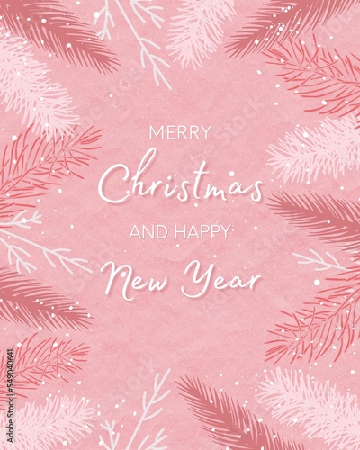 Pink christmas with pine tree design. Text merry Christmas and happy new year. Suitable for christmas card, poster, banner or social media post