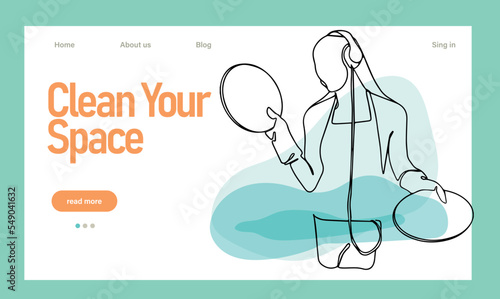 Home cleaning service landing page design concept, illustration of janitors with cleaning tools. Vector illustration