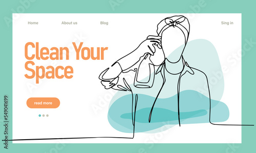 Home cleaning service landing page design concept, illustration of janitors with cleaning tools. Vector illustration