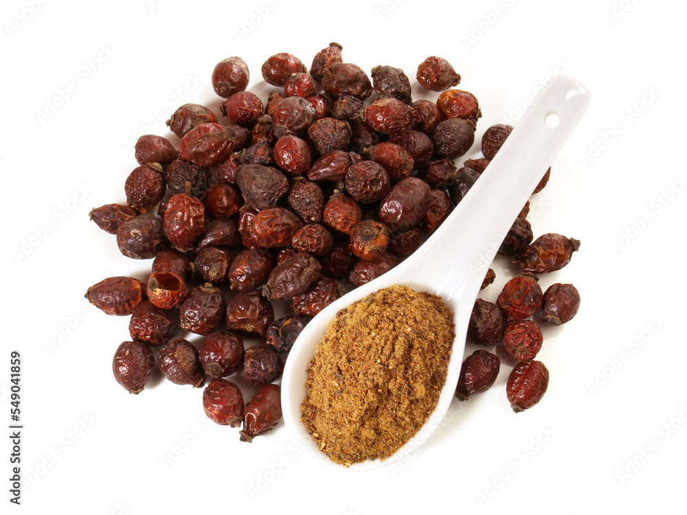Dried Rosehip with Fruit Powder isolated on white Background