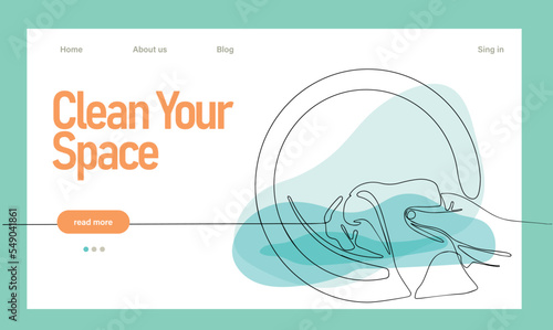 Home cleaning service landing page design concept, illustration of janitors with cleaning tools. Vector illustration