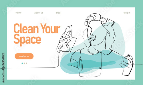 Home cleaning service landing page design concept, illustration of janitors with cleaning tools. Vector illustration