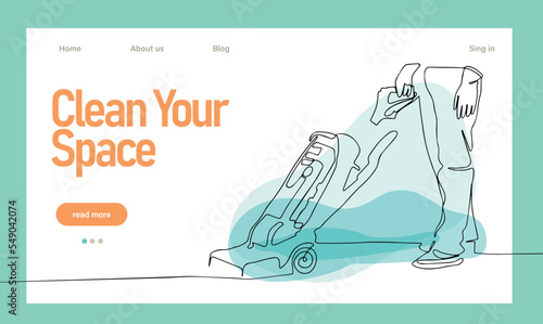 Home cleaning service landing page design concept, illustration of janitors with cleaning tools. Vector illustration