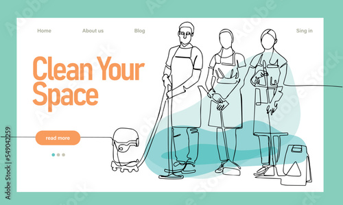 Home cleaning service landing page design concept, illustration of janitors with cleaning tools. Vector illustration