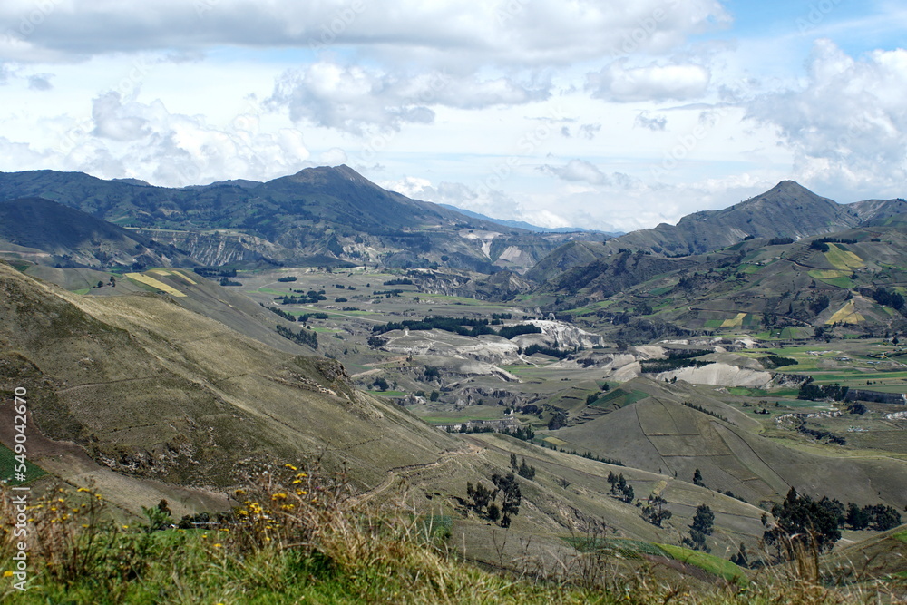 Farm fields carved out on the lower slopes of a mountain near Latacunga, Ecuador