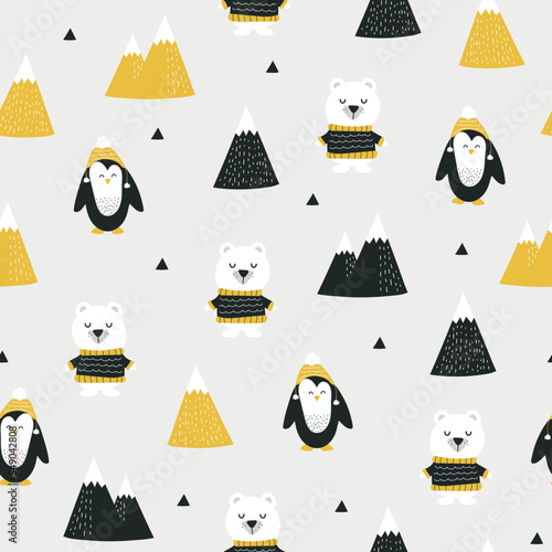 Cute seamless pattern with polar bear, penguin and mountains. Hand drawn kids nordic design. Winter vector illustration background.