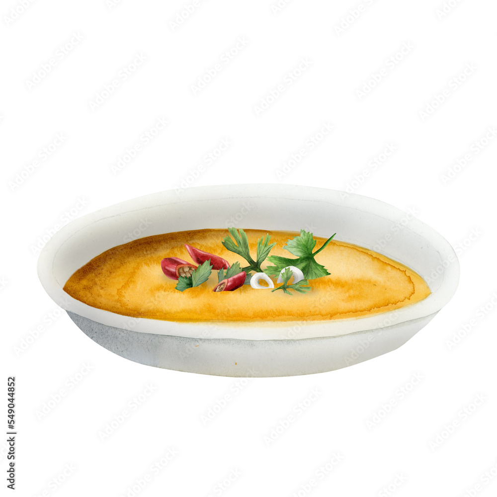 Orage pumpkin cream soup with parsley, onion and red chili peppers. Vegetarian food. Colorful watercolor illustration