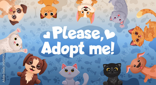 Social media poster design with pet adoption promotion. Adopt me banner with cute dogs, funny cats, paw print patterns. Vector cartoon template for flyer design, web page, posters.