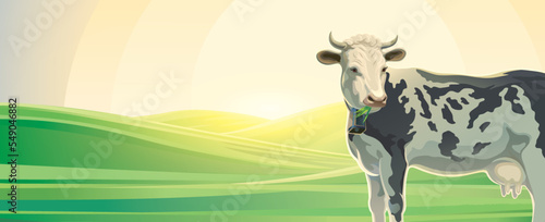 Rural summer sunrise landscape with cow. Sunrise morning. Vector illustration.