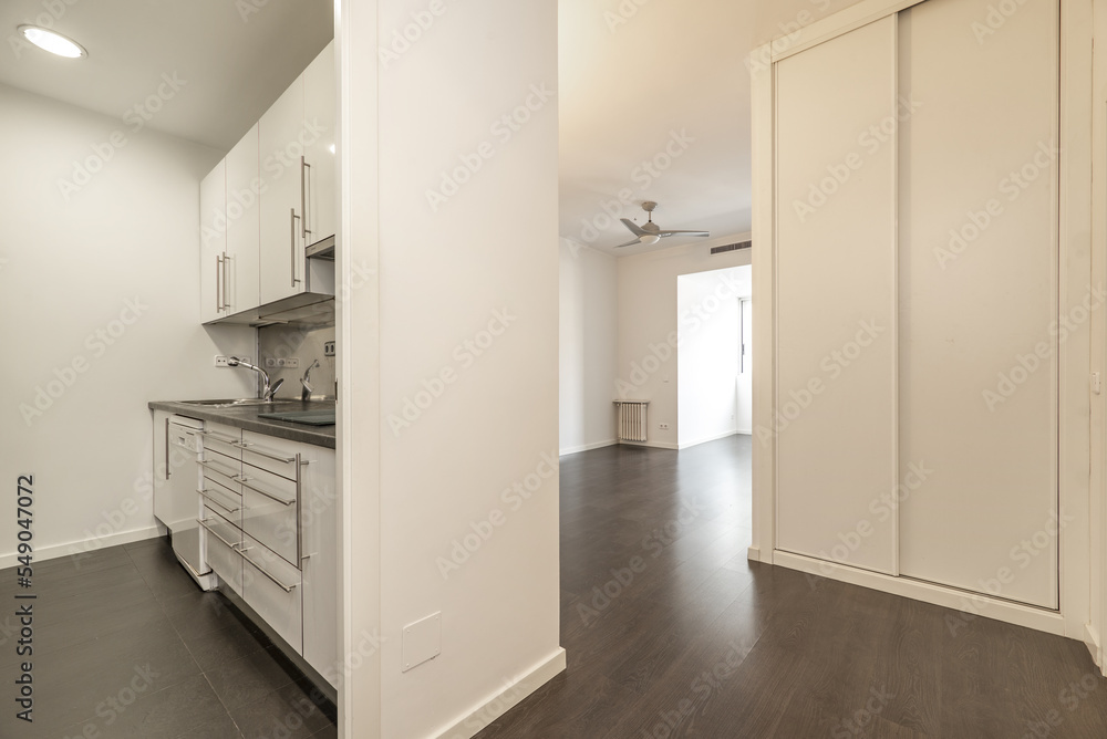 Small kitchen of a studio apartment with dark floors and white built-in cabinets with sliding doors Small kitchen of a studio apartment with dark floors and white built-in cabinets with sliding doors
