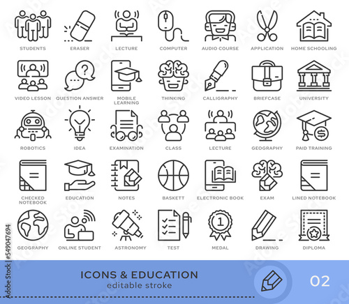 Set of conceptual icons. Vector icons in flat linear style for web sites, applications and other graphic resources. Set from the series - Education and School. Editable stroke icon.