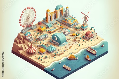 Isometric Of City Map With Modern Buildings And Beach Area With Amusement Park