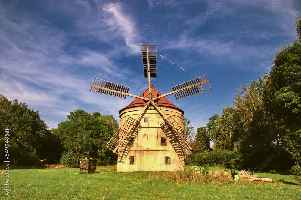 The windmill Svetlik at the meadow near Krasna Lipa, Czech republic