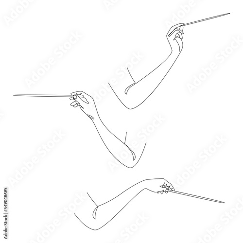 Silhouette of a hand with a conductor's baton in a modern continuous line style, beauty. Conductor. Decor sketches, posters, stickers, logo. Vector illustration.