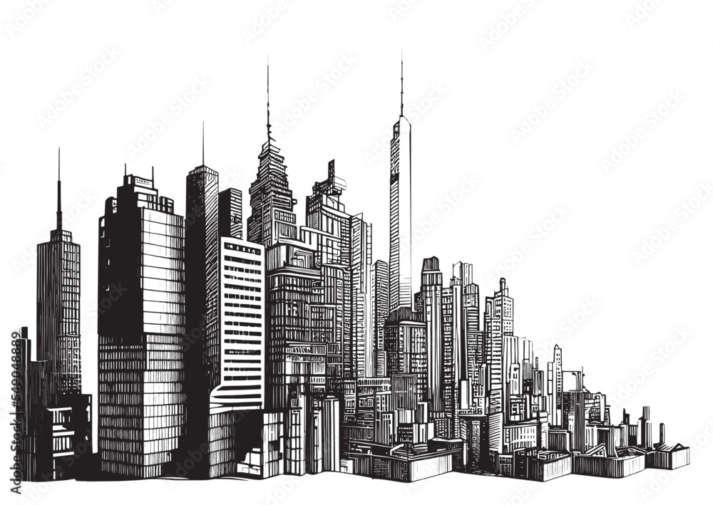 City buildings silhouette sketch hand drawn sketch, engraving style vector illustration.