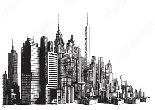 City buildings silhouette sketch hand drawn sketch  engraving style vector illustration.