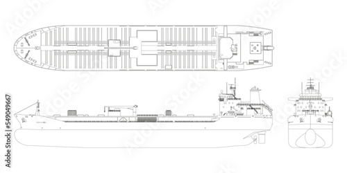 Tanker outline drawing. Contour cargo ship industrial blueprint. Petroleum boat view top, side and front. Isolated vehicle. Commerce water transport