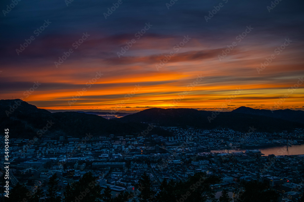 bergen norway city night view landscape sunset mountain