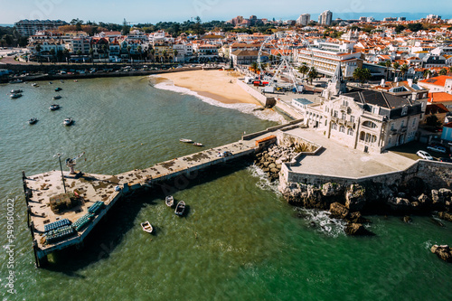 Aerial view of Cascais bay, Portugal with giant ferris wheel visible which was set up for the Christmas season photo