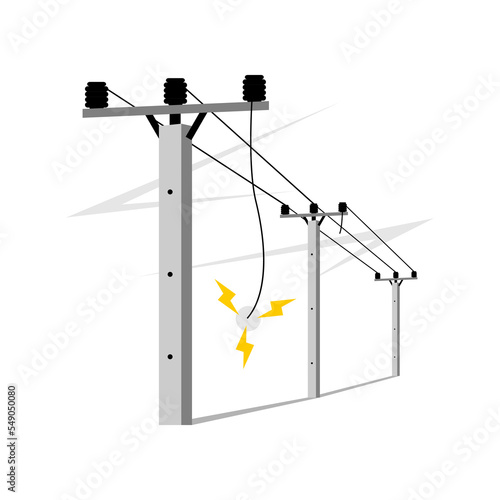 Broken electric wire of high power voltage pole is damaged and short circuit spark cause danger electrocution risk on white background flat vector design.