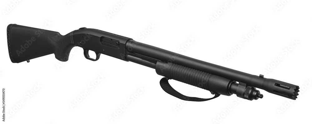 Pump-action 12 gauge shotgun isolated on a white back. A smooth-bore weapon with a plastic stock.