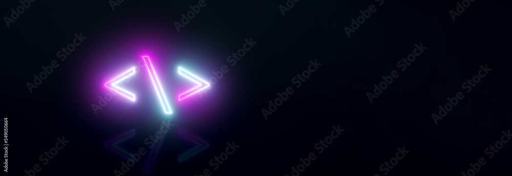 Neon coding signs, 3d render, panoramic layout Neon coding signs, 3d render, panoramic layout
