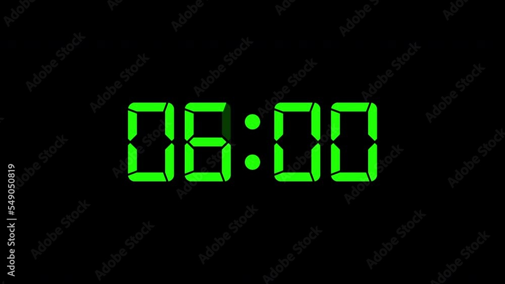 06:00 - Digital clock timer animation .green digital text animation on black background. 06:00 - Digital clock timer animation .green digital text animation on black background.