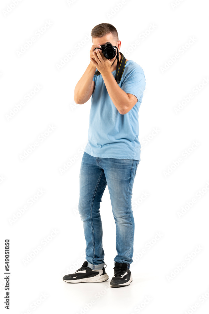 A photographer with a black camera isolated on a white background A photographer with a black camera isolated on a white background