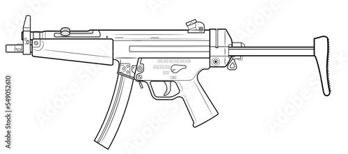 Vector illustration of the MP5 machine gun with unfolded stock on the white background. Left side. photo