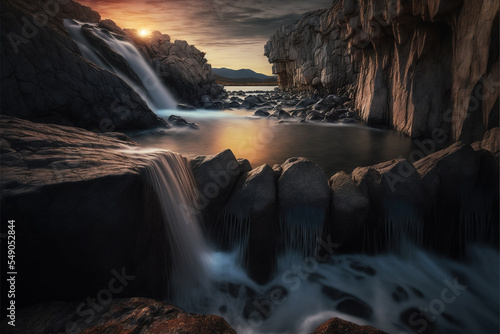 Panorama of the bay at sunset with stone and water on the beach in twilight  surrounded with rock mountains