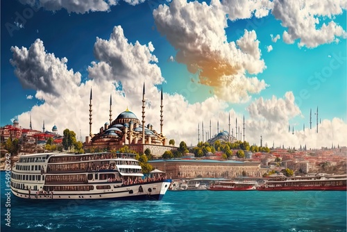 Touristic Sightseeing Ships In Golden Horn Bay Of Istanbul And Mosque With Sultanahmet District Against Blue Sky And Clouds. Istanbul, Turkey During Sunny Summer Day.