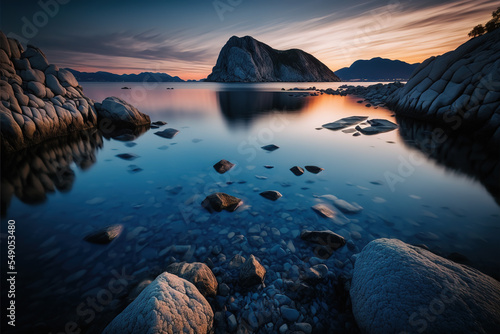 Panorama of the bay at sunset with stone and water on the beach in twilight surrounded with rock mountains