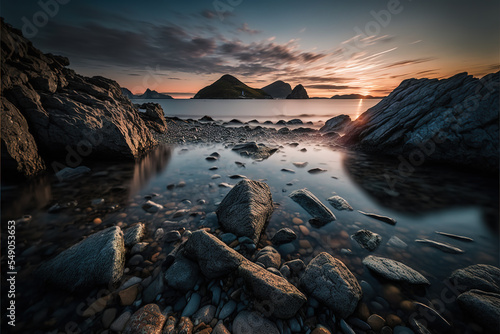 Seascape Panorama of the bay at sunset with stone and water on the beach in twilight surrounded with rock mountains generative ai
