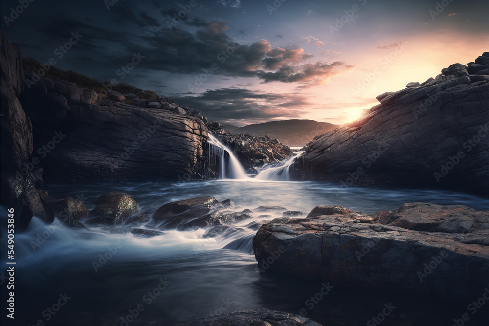 Majestic waterfall cascading over rugged rocks at sunset, with the sun's golden rays adding a tranquil glow to the scene.