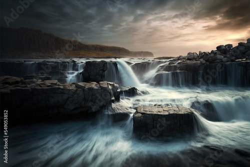 Majestic waterfall cascading over rugged rocks at sunset, with the sun's golden rays adding a tranquil glow to the scene.