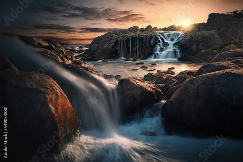 Majestic waterfall cascading over rugged rocks at sunset, with the sun's golden rays adding a tranquil glow to the scene. 