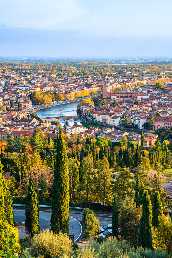 Panorama of Verona, Veneto, Italy at sunset seen from the Santuary of Our Lady of Lourdes